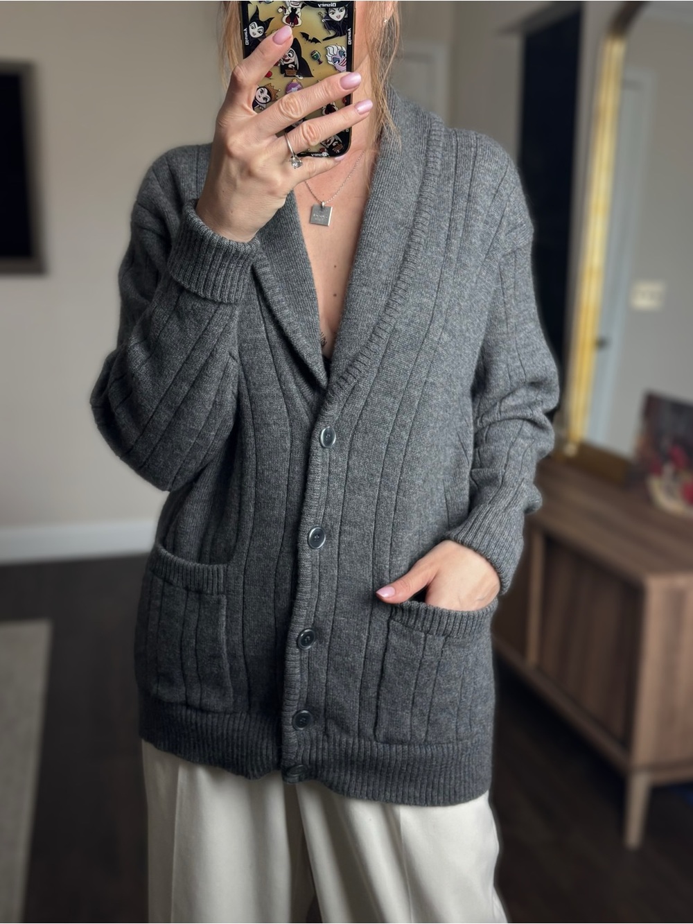 Liz Claiborne Vintage Heathered Charcoal Merino Button Cardigan Sz S